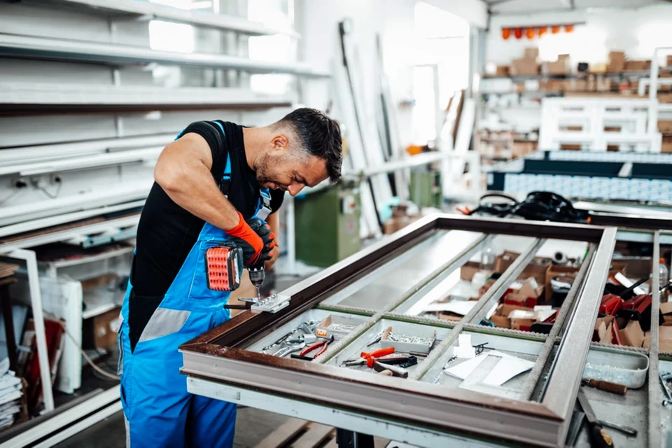 Atelier de menuiserie int&eacute;rieur avec artisan en bleu de travail et gants de protection noirs manipulant une scie circulaire sur table